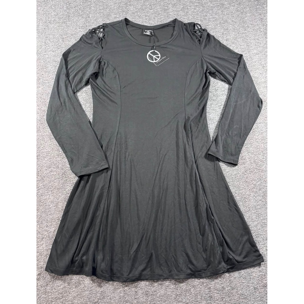 Hippie Chic Black Lattice Shoulder Skater Dress Long Sleeve Goth XL - Picture 2 of 7